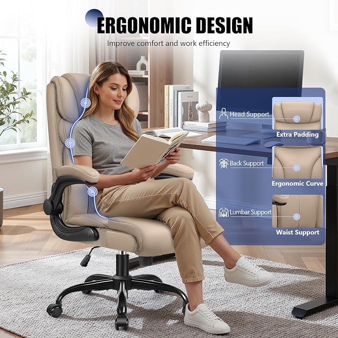 Primy Office Chair, Ergonomic Leather Desk Chair with Flip-up Armrests, Big and Tall High Back Executive Computer & Gaming Chair with Footrest, Comfy Padded, Rocking Function and Lumbar Support(Khaki)