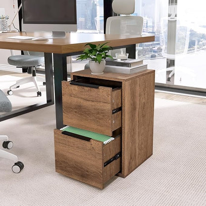 2 Drawer File Cabinet, Wood Vertical Filing Cabinet Fits Hanging Files/Letter Size, Small Under Desk File Cabinets for Home Office, Brown