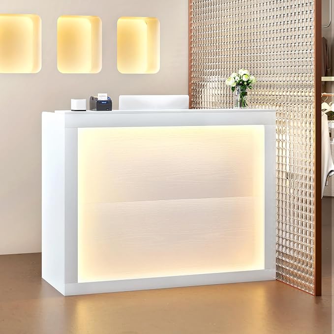 TC-HOMENY Reception Desk with LED Lights, 55'' Retail Counter Modern with Storage Shelves and Cable Grommet, Front Table, Salon Desk, Office Table,White