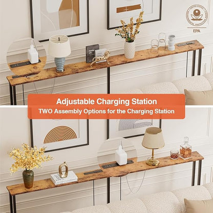 Keelian 90" Narrow Sofa Table - 2 Power Outlets & 4 USB Ports, Metal Frame,Perfect for Hallway, Office, and Behind Sofa - Easy Assembly, 4.9ft Extension Cord Included Rustic Brown