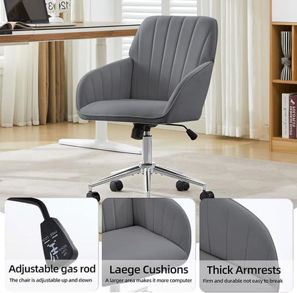 YITAI Velvet Office Desk Armchairs with Silver Base and Wheels,Modern Height Adjustable 360 Degree Swivel Upholstered Vanity Chairs for Living/Room Bedroom/Study,Gray