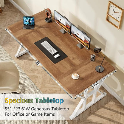 TVU Computer Desk, 55 inch Large Office Desk, Study Writing Table with Thicken Frame, Gaming Desk, Modern Simple Desk for Home Office, Brown