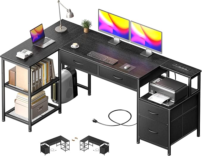 Korfile 57 Inch L Shaped Computer Desk with Power Outlets, Reversible Home Office Desk with 4 Fabric Drawers & 2 Adjustable Mesh Shelves, Corner Study Work Desk with Larger Storage, Black