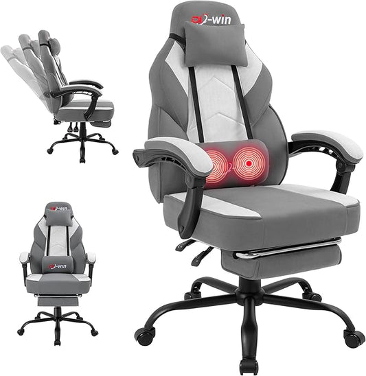 DL-win Gaming Chair for Adults with Footrest & Massage Lumbar Support, Ergonomic High Back Gamer Chair, Adjustable Swivel Computer Gaming Chairs with Headrest and Linkage Armrests,Green (Greige)