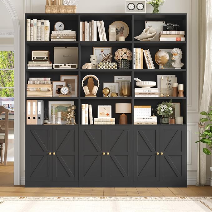 FACBOTALL 75" Triple Wide Bookshelf, Bookshelf and Bookcase with 6 Farmhouse Doors, 71" Wide 6 Tier Book Shelf with 18 Storage Shelves, Large Wooden Bookshelves, Tall Bookcase for Home Office, Black