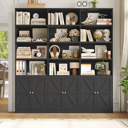 FACBOTALL 75" Triple Wide Bookshelf, Bookshelf and Bookcase with 6 Farmhouse Doors, 71" Wide 6 Tier Book Shelf with 18 Storage Shelves, Large Wooden Bookshelves, Tall Bookcase for Home Office, Black