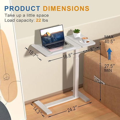 Adjustable Overbed Bedside Table with Hidden Wheels, Pneumatic Tilt Board Rolling Laptop Standing Desk Cart, Mobile Over Bed Sofa Chair Side End Tables, Walnut (White)