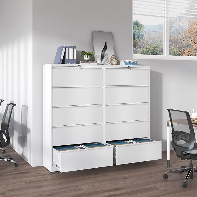 IKIMI 5 Drawer Lateral File Cabinets with Lock Office Filing Cabinet Steel Storage Cabinet Wide Horizontal Filing Metal Cabinets for Files Legal/Letter/A4 Size Assembly Required Assembly Required