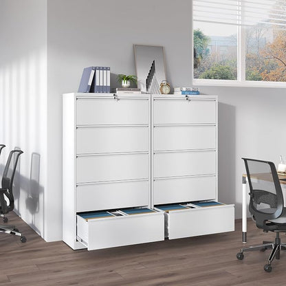 IKIMI 5 Drawer Lateral File Cabinets with Lock Office Filing Cabinet Steel Storage Cabinet Wide Horizontal Filing Metal Cabinets for Files Legal/Letter/A4 Size Assembly Required Assembly Required