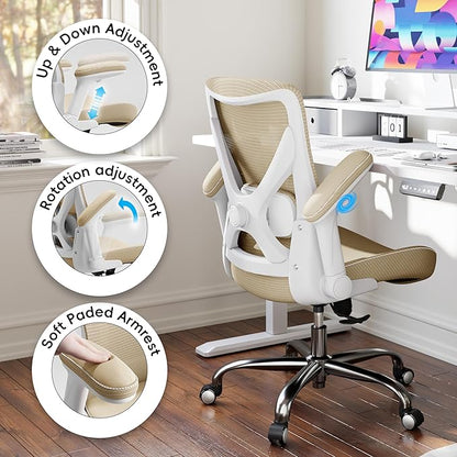Ergalithic Office Home Ergonomic Desk Chair-Computer X-Shaped Chair Mesh PU Leather with Adjustable Lumbar Support-Executive Chair High Back Flip-Up Arms for Long Hours (Khaki-No Headrest)