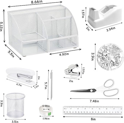 White Office Desk Accessories Supplies, 12pcs Desk Organizers and Accessories with Tape dispenser and Stapler,Staples,Staple Remover,Pen Holder,Scissor,Ruler,Sticky Tabs,Tape,Ballpoint Pen,Clips Set