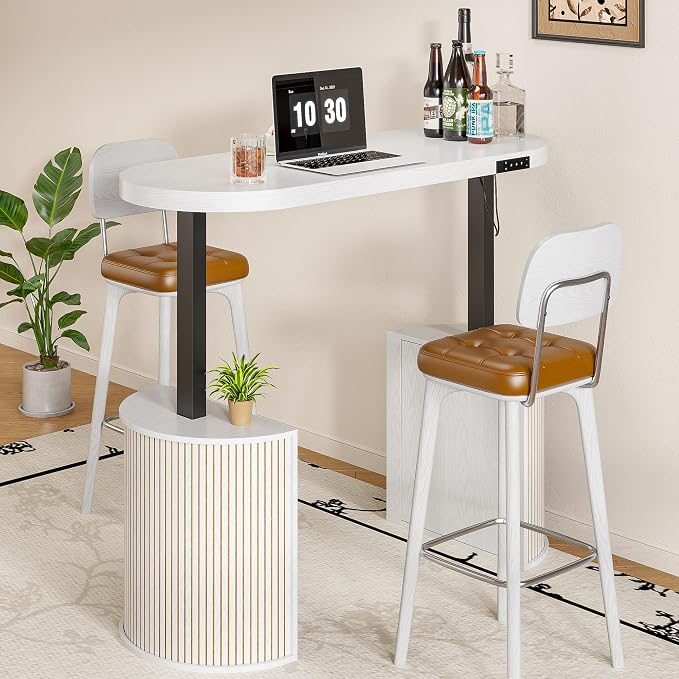 Mid Century Modern Electric Standing Desk with Storage, 55 x 22 Inch Small Sit Stand Up Desk, Wood Adjustable Height Computer Executive Desk for Home Office, Laptop, White