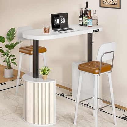 Mid Century Modern Electric Standing Desk with Storage, 55 x 22 Inch Small Sit Stand Up Desk, Wood Adjustable Height Computer Executive Desk for Home Office, Laptop, White