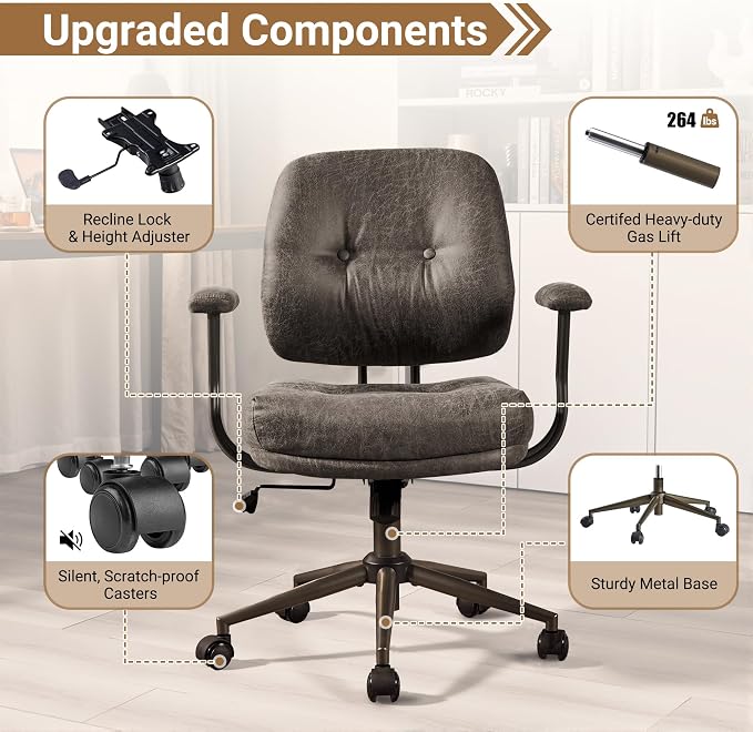 Ergonomic Home Office Chair, Mid-Century Faux Leather Home Office Desk Chairs with Wheels, Office Computer Chair with Rocking Swivel (Gray,Suede)