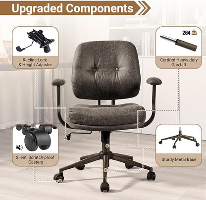 Ergonomic Home Office Chair, Mid-Century Faux Leather Home Office Desk Chairs with Wheels, Office Computer Chair with Rocking Swivel (Gray,Suede)