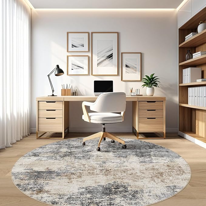 Round Rug Living Room Rugs: 10x10 Washable Circle Large Abstract Modern Soft Stain Resistant Non-Slip Indoor Floor Carpet for Bedroom Nursery Office Dining Room Dorm Home House- Grey Brown