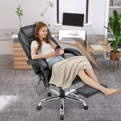 HOMREST 6-Point Massage Reclining Office Chair, Leather Heating Executive Chair, Ergonomic Home Office Desk Chair with Retractable Footrest,Computer Chair for Home Office, Study, Gaming
