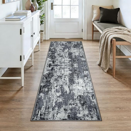 RELEANY Washable Area Rugs 3x7 Non-Slip Modern Abstract Soft for Living Room Entryway Bedroom Kitchen, Print Pattern, Black Navy Blue Gray