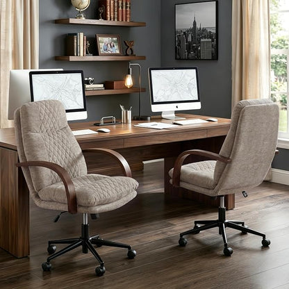 KISLOT Home Office Desk Chair, Ergonomic Office Chair with Lumbar Support, Adjustable Swivel Computer Chair with Wheels, Fabric Executive Task Chair with Wood Arms, Set of 2, Khaki