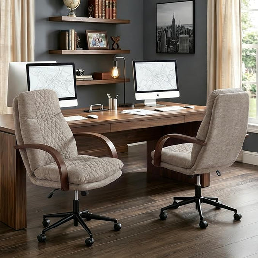 KISLOT Home Office Desk Chair, Ergonomic Office Chair with Lumbar Support, Adjustable Swivel Computer Chair with Wheels, Fabric Executive Task Chair with Wood Arms, Set of 2, Khaki