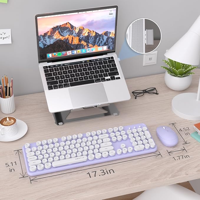 UBOTIE Colorful Wireless Keyboard and Mouse Combos, Retro Typewriter Floating Flexible Full-Sized Keys Computer Keyboard with Optical Mouse, 2.4GHz USB-A Connection for Windows Mac (Purple-White)