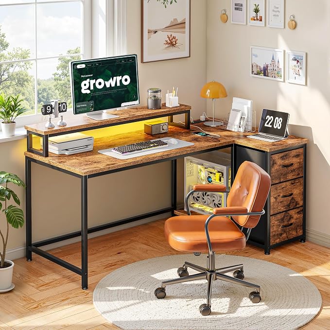 EnHomee 40''L Shaped Computer Desk with 3 Drawers & Monitor Stand, Small Gaming Desk with Power Outlet & LED Lights, Corner Desk for Gaming, Home Office, Study Room, Rustic Brown