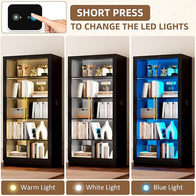 Vlsrka LED Display Cabinet with Glass Doors, Modern Storage Cabinet with 5 Tier Adjustable Shelves, Human Sensor, for Collectibles, 65" Tall Bookcase for Home Office Living Room, Black