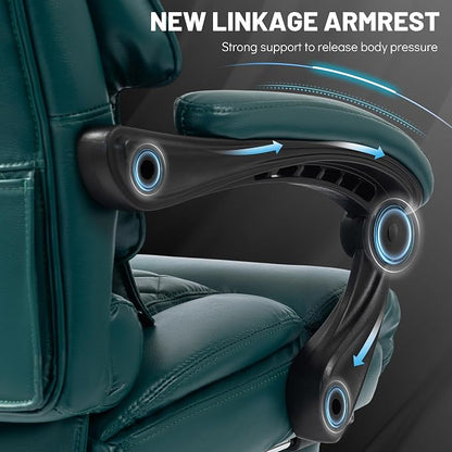 Massage Office Chair with Foot Rest,6 Points Vibration & Heat Executive Office Chairs for Heavy People,500LBS Big and Tall Office Chair,Ergonomic Reclining Desk Chair,Dual-Use Pillow,Home Office,Green