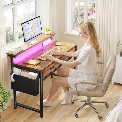 Gaming Desk with LED Lights with 2 Drawers, 31 Inch Desk Home Office Desk Computer Desk with Side Pocket & Ergonomic Monitor Stand, Small Space Study Writing Table with Anti-Tip Design, Rustic Brown