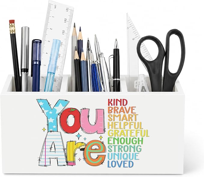 Boho Inspirational Pen Holder for Desk, You Are Kind Motivational Quotes Wooden Box Sign Desk Decor for Classroom Kids Room Home Office Decoration, Colorful Positive Pencil Organizer