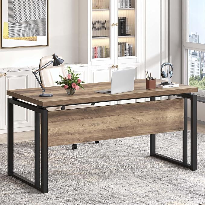 EXCEFUR Modern Computer Desk for Home Office, PC Laptop Gaming Desk, Metal Wood Study Writing Table Workstations for Bedroom Living Room, 53 Inch, Rustic Oak