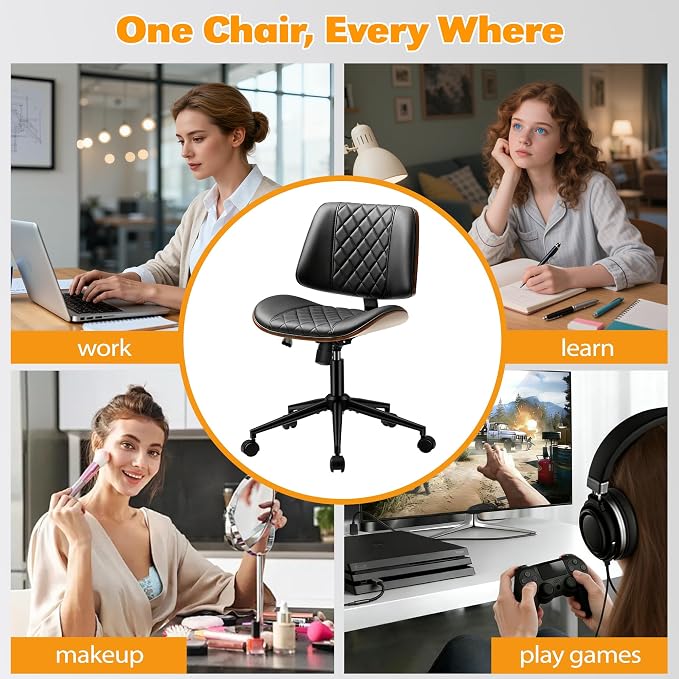 Shahoo Armless Office Chair with Wheels, Adjustable Height PU Leather Desk Chair with mid Back, Modern Walnut Style 360° Swivel Computer Chair for Small Spaces, Meeting Room, Black