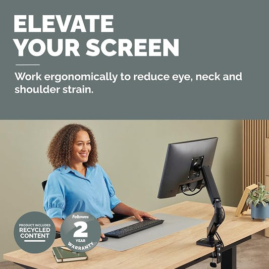 Fellowes Everyday Plus Single Gas Spring Monitor Arm Supports up to 32" Screens Weighing 4.4-19.84 lbs, Height Adjusting, Tilt, Swivel, Rotate, VESA 75/100, Clamp or Grommet Mount, Cable Management