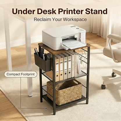 ECOLOVI 3 Tier Printer Stand for Under Desk, Height Adjustable Shelf Small Printer Table with 3 S-Hooks & Basket, Heavy Duty Industrial Storage Shelf for Home Office (Rustic Brown)