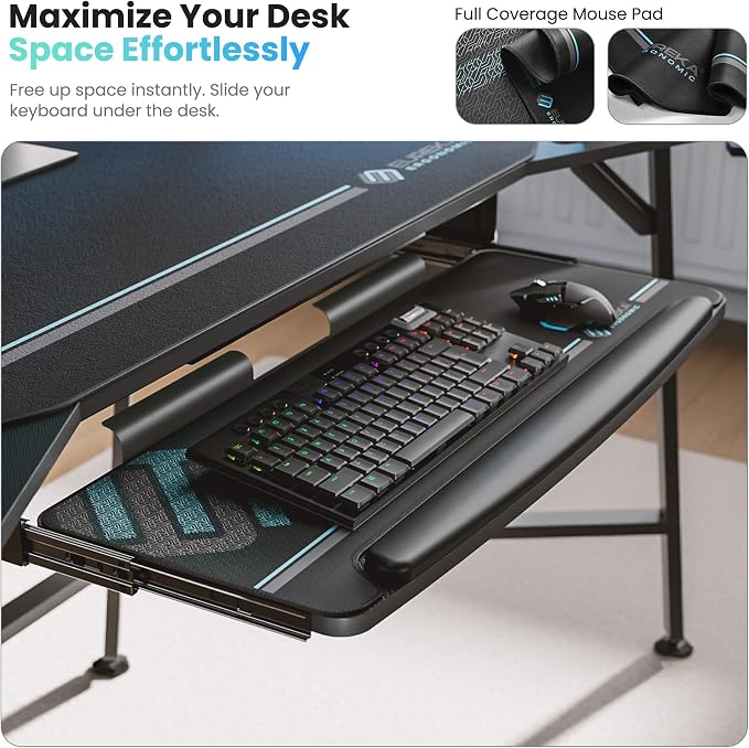 EUREKA ERGONOMIC Aero 72 Inch Gaming Desk with Keyboard Tray, Large Computer Desk Led Lights, Wing-Shaped Monitor Stand Dual Headphone Hanger Cup Holder for Studio,Streamer,Live,Black