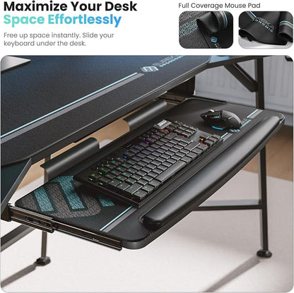 EUREKA ERGONOMIC Aero 72 Inch Gaming Desk with Keyboard Tray, Large Computer Desk Led Lights, Wing-Shaped Monitor Stand Dual Headphone Hanger Cup Holder for Studio,Streamer,Live,Black