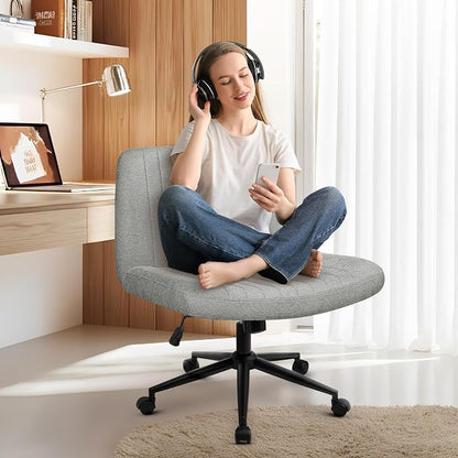 NEO CHAIR Criss Cross Chair with Wheels Armless Cross Legged Office Desk Wide Comfy Vanity Makeup Chair Adjustable Swivel Rolling Computer for Home Office Fabric (Grey)