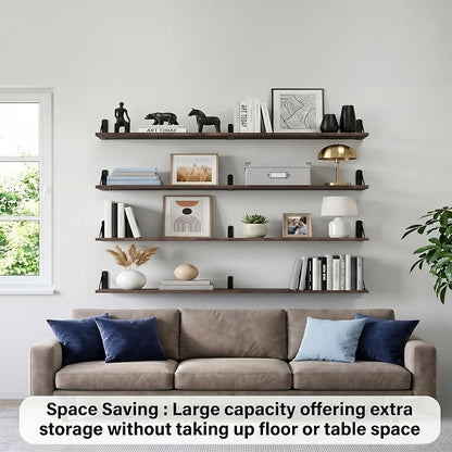 Long Wall Shelf,Large Floating Shelves for Wall,Wood Floating Bookshelves Hanging,Book Storage Display for Living Room Bedroom Office Bathroom Decor,4 Pack,57 Inch,Dark Brown