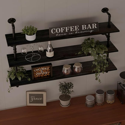 HDDFER Industrial Pipe Shelving Rustic Black Wall Shelves with Wood Planks Industrial Floating Shelves 48 Inch 3 Tier Farmhouse Bookshelf Pipe Shelves Wall Mounted,Open Shelving For living room/office