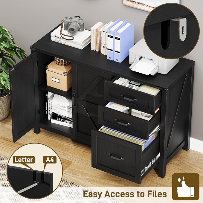 Befrases Farmhouse File Cabinet with Doors, Lateral Filing Cabinet with 3 Drawers for Letter/A4 Size Hanging Files, Large Wooden Storage Cabinet with Adjustable Shelves for Home Office, Black