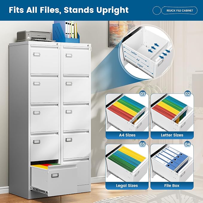 PEUKC 5-Drawer File Cabinet, 16.3" Deep Vertical Metal Filing Cabinet with Lock for Home Office, Anti-Tip 5 Storage Drawers for Letter/Legal/A4/F4 Size (Assemble Required, White)