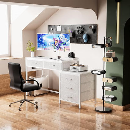 Unikito Reversible Computer Desk with 5 Drawers, Sturdy Office Desk with Power Outlets and USB Ports, Study Writing Table with File Cabinet & Printer Stand, Vanity Desk with Storage, White