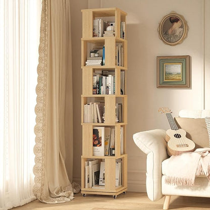 6 Tier Solid Wood Rotating Bookshelf Tower on Wheels, 360° Upgrade Spinning Book Shelf, Revolving Bookcase Organizer, Swivel Bookshelves for Small Spaces, Bedroom, Kids Room, Office (Light Wood)