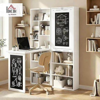 HOMCOM Foldable Convertible Writing Table, Wall Mounted Space-Saving Computer Desk with Chalkboard and Storage Shelves for Small Spaces, Home Office, Bedroom, Dorm, Apartment, White
