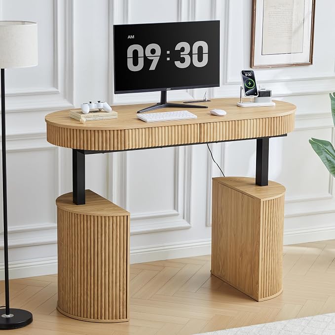 ORRD Electric Standing Desk with Storage and USB & Type-C Charging Ports, Adjustable Height Stand Up Desk, Mid Century Modern Fluted Workstation Desk for Home Office (Natural)