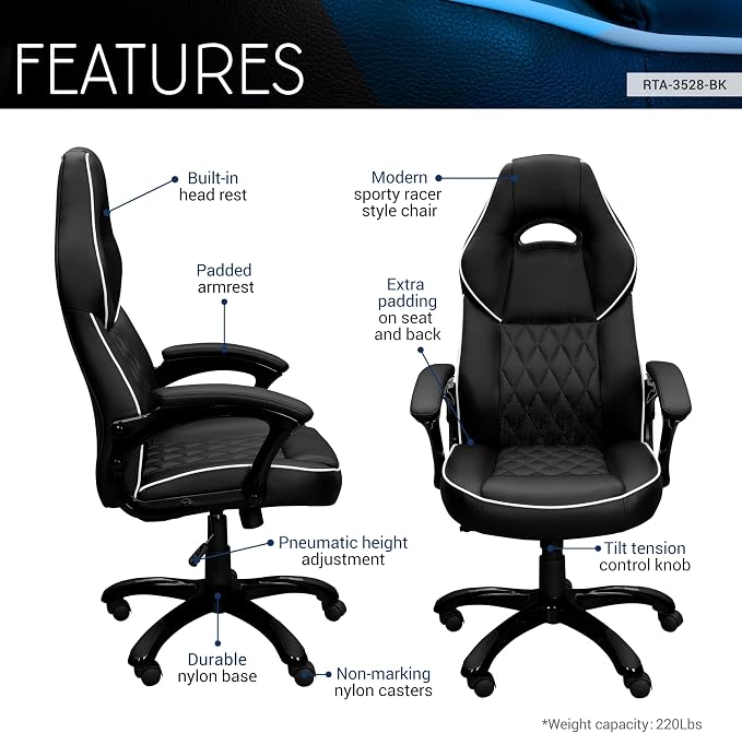 Techni Mobili PU Leather Executive Chair with Padded Armrests, Height Adjustable Racing Style Office Chair with Tilt Control, Black