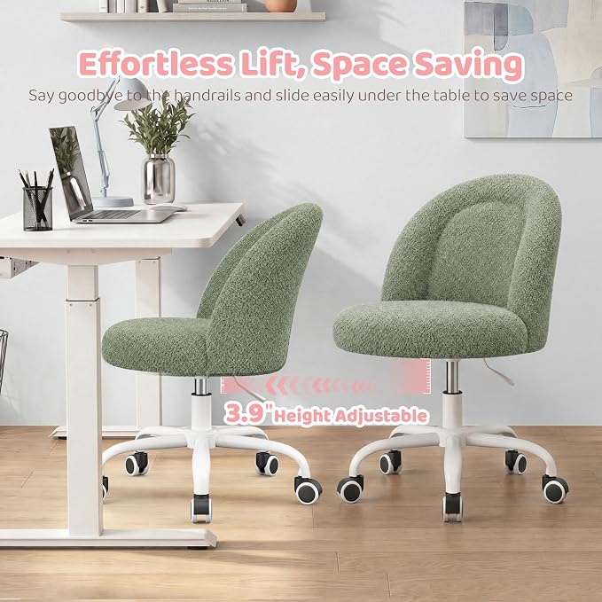 DurayLoly Armless Vanity Chair with Wheels, Ultra-Soft Teddy Fleece, Adjustable Height & 360°Swivel, Rolling Desk Chair for Bedroom, Dorm & Vanity Table, Ideal for Teens & Adults, Sage Green