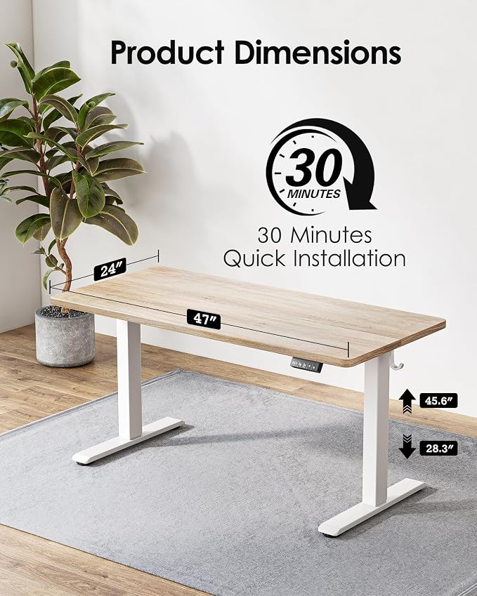 TIQLAB Electric Height Adjustable Standing Desk 47.2×23.6 inch, Sit Stand Desk for Work, Study, Memory Controller, White Frame & Maple Top Computer Workstation for Home Office