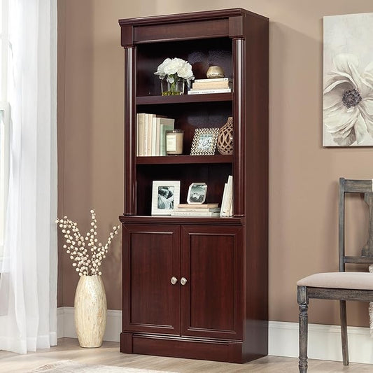 Sauder Palladia Book Shelf, Bookshelf with Storage, Library Bookcase with Doors and Adjustable Shelves, in Select Cherry finish