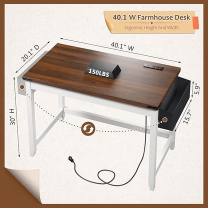 EnHomee 40 Inch Small Desk with Storage Bag Detachable, Writing Desk with Power Outlet, Modern Simple Home Vanity Desk for Small Spaces, Study Desk for Bedroom, Brown & White